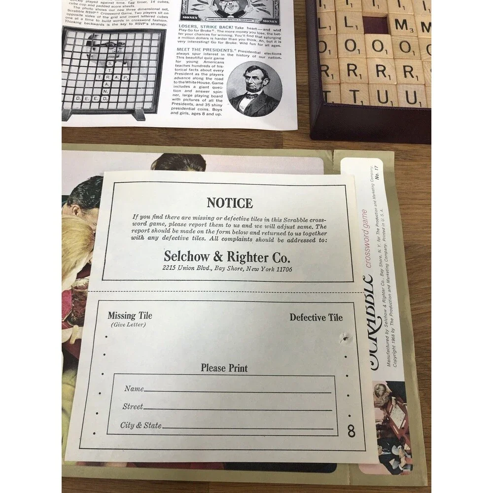 Vintage Scrabble Crossword Game Selchow & Righter SelRight 1953 Missing 1 